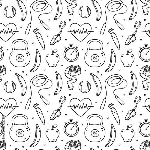 Seamless pattern with workout accessories - kettlebell, stopwatch, jump rope, measuring tape, whistle, fruits. Vector hand-drawn doodle illustration. Perfect for print, wallpaper, decorations.