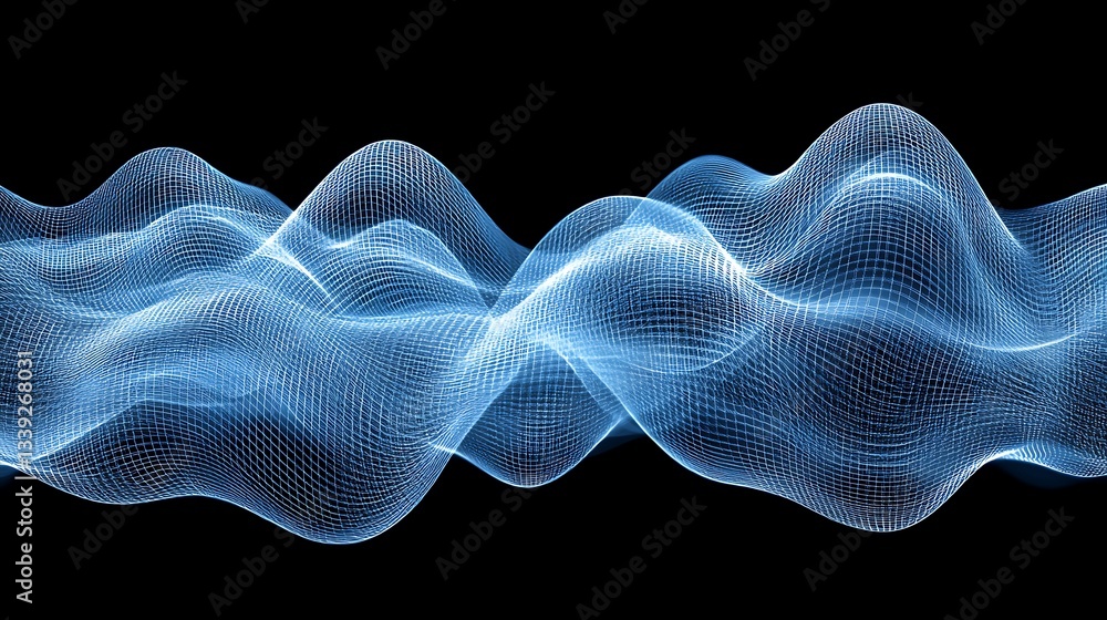 Fototapeta premium Dynamic Blue Waveform Grid on Black Background, Abstract Visualization of Data