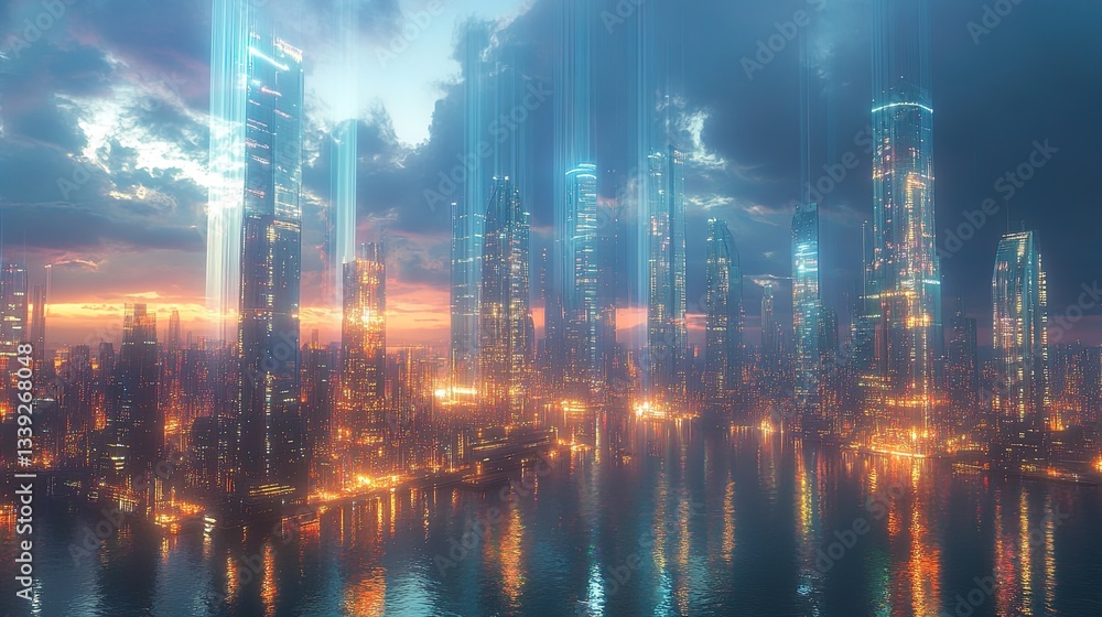 Fototapeta premium An imaginative city with reflective facades casting surreal light beams across the sky