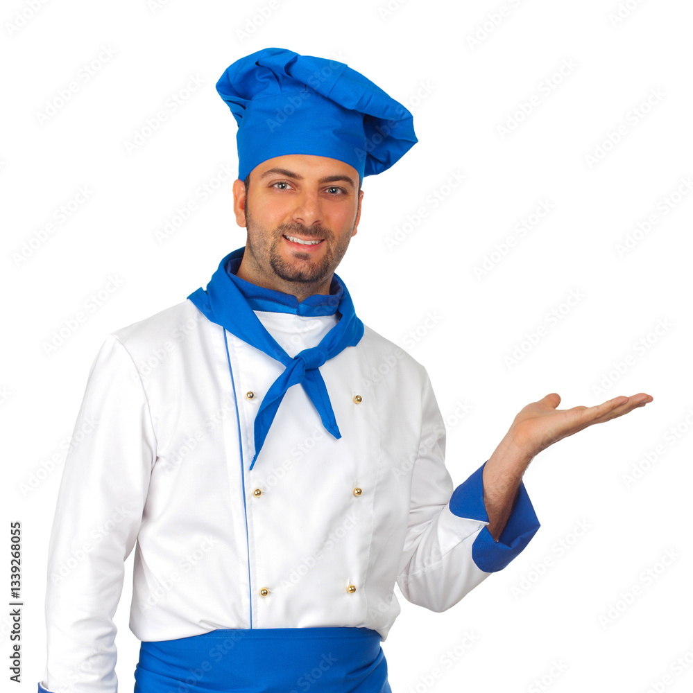 Smiling chef showing something on transparent background
