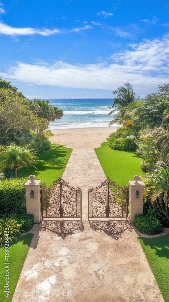 Fototapeta premium Ornate gates open to beach pathway.