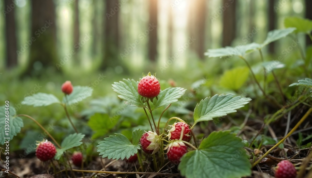 Wild strawberries with a vibrant mood growing in a lush forest background
Wild strawberries with a vibrant mood growing in a lush forest background