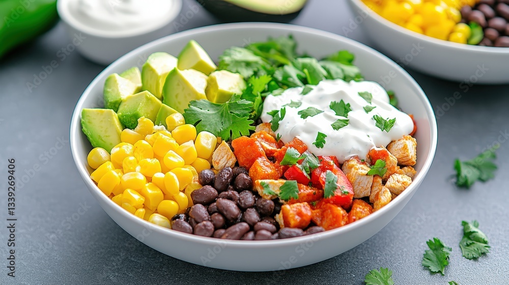 A vibrant bowl filled with colorful ingredients like black beans, corn, avocado, and chicken, topped with cilantro and creamy sauce, showcasing a healthy meal. A vibrant bowl filled with colorful ingredients like black beans, corn, avocado, and chicken, topped with cilantro and creamy sauce, showcasing a healthy meal.