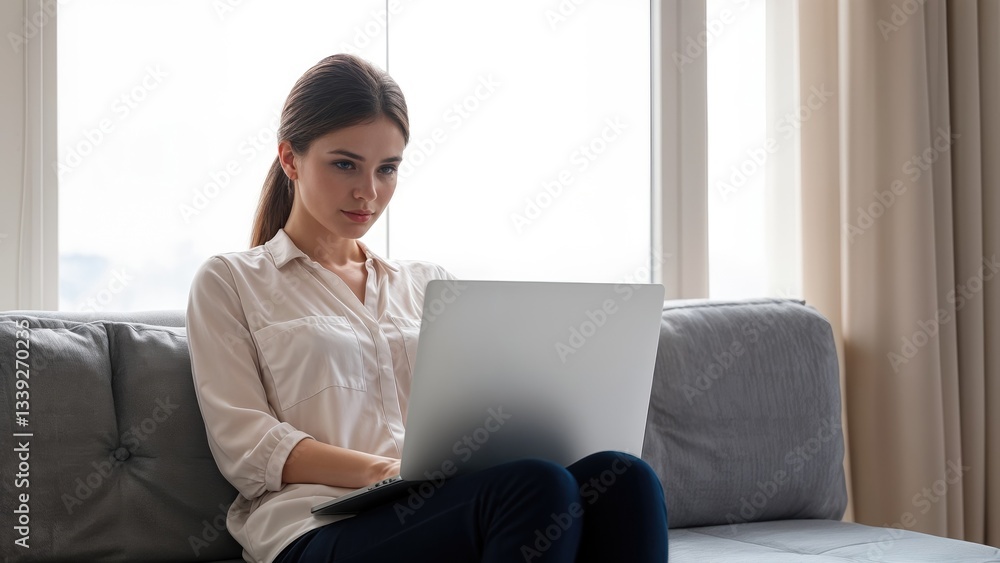 Woman Relaxing on a Sofa While Using a Laptop in a Bright Room Woman Relaxing on a Sofa While Using a Laptop in a Bright Room