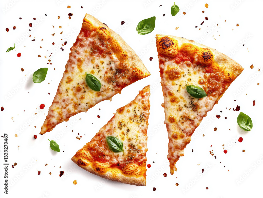 Delicious slices of pizza topped with fresh basil and spices Delicious slices of pizza topped with fresh basil and spices