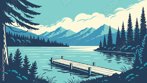 Serene Mountain Lake Scene Wooden Dock Calm Water Majestic Peaks Tranquil Nature