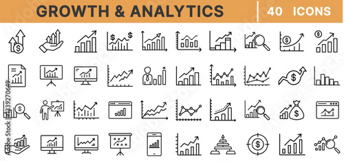 "Growth & Analytics Icons – Business Growth, Data Analysis, Market Trends, Financial Charts, Statistics, SEO Metrics, Performance Tracking, Digital Strategy, Vector Set"