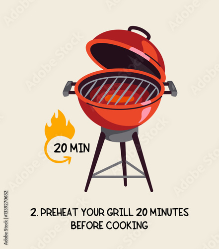 Illustration of a red charcoal grill with an open lid, showing heated grates. A flame icon with 20 min indicates preheating time. Beige background. Cooking preparation concept. Vector illustration