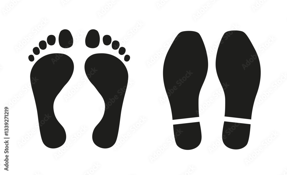 Black silhouettes of human barefoot footprints and shoe sole prints on a white background. Simple flat vector illustration representing walking, steps, and movement Black silhouettes of human barefoot footprints and shoe sole prints on a white background. Simple flat vector illustration representing walking, steps, and movement
