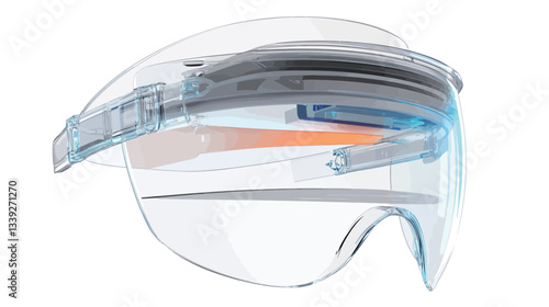 A three-quarter view of a pair of protective eyewear with a clear, curved lens.  The design incorporates a visible ventilation system, depicted with orange and light-blue elements suggesting
