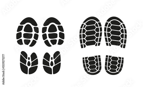 Set of black shoe and boot print icons in different tread patterns, displayed in a flat style on a white background. Concept of footwear, hiking, outdoor, and adventure. Vector illustration