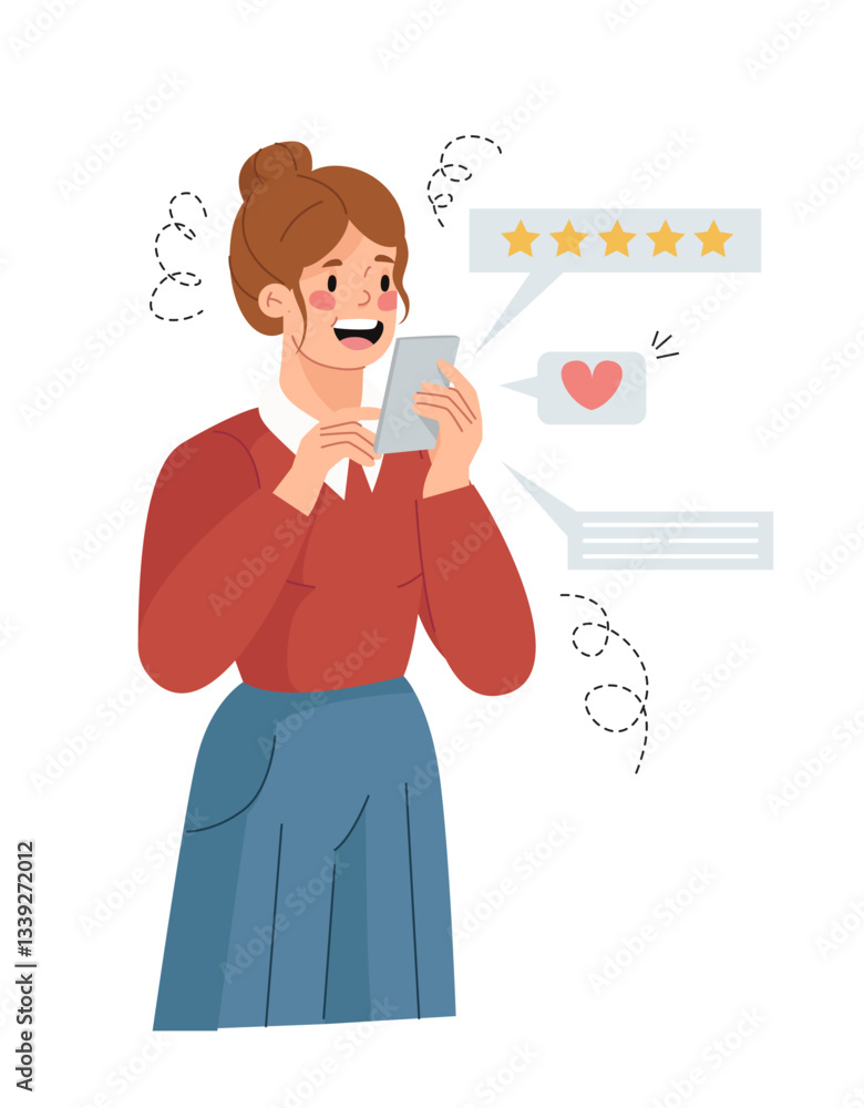 Smiling woman using smartphone, reading positive reviews with five-star rating and heart icon. Flat style on white background. Concept of customer satisfaction. Vector illustration Smiling woman using smartphone, reading positive reviews with five-star rating and heart icon. Flat style on white background. Concept of customer satisfaction. Vector illustration