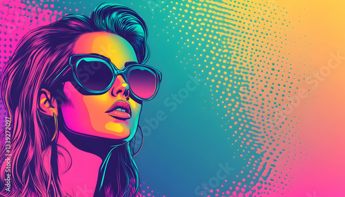 Young woman with vibrant punk hair and sunglasses stands against a neon background, banner with empty copy space for text. Pop art portrait concept