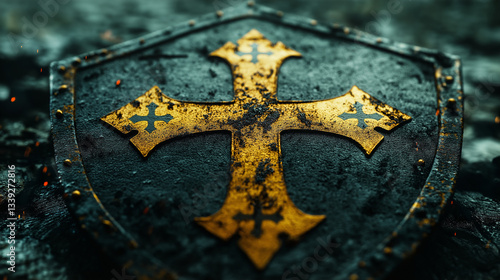 Maltese cross engraved on a medieval knight’s shield, historical theme 