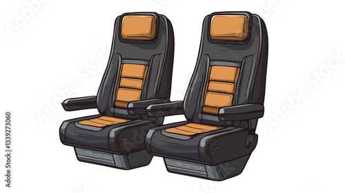 Illustration of two passenger seats. The seats are predominantly black with orange accents on the headrests and cushions.  They have armrests and padded headrests. The style is cartoonish or