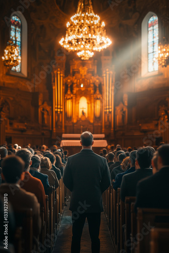 man standing before a church congregation, ideal for religious themes, sermons, worship events, community gatherings, and faith-based content	