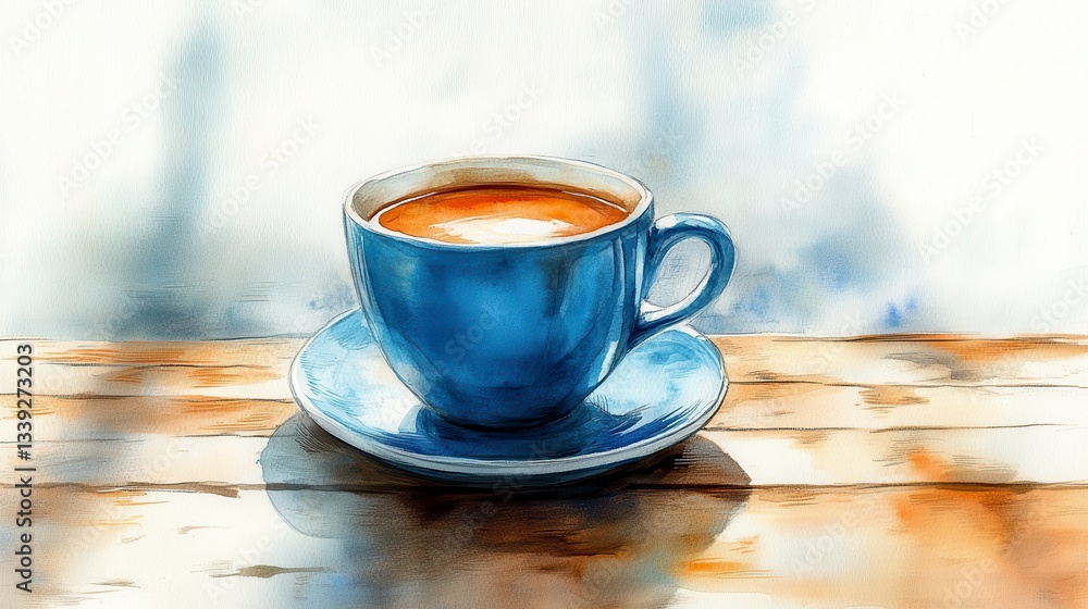 Obraz premium Ceramic Coffee Cup on Wooden Table with Soft Morning Light and Watercolor Effect