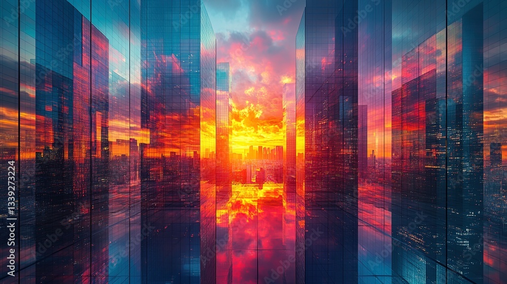 Fototapeta premium An abstract urban landscape with mirrored skyscrapers reflecting a vivid sunset