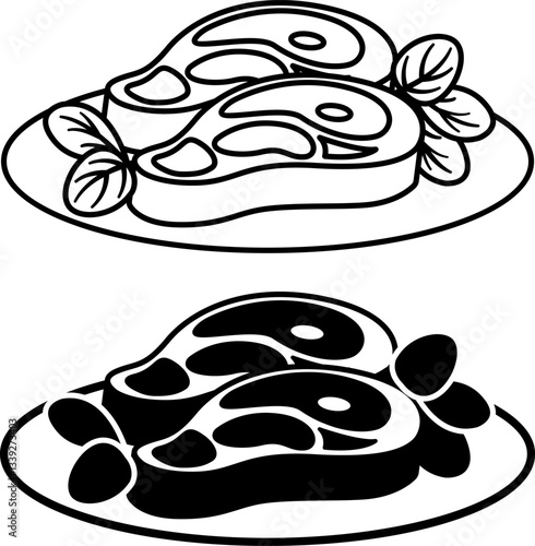 Beef Icons. Black and White Vector Illustrations. Two Pieces of Meat on a Plate with Lettuce Leaves. Ready Meal, Food. Grocery Concept