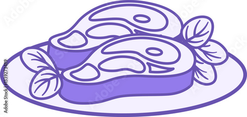 Colored Beef Icon. Vector Illustration. Two Pieces of Meat on a Plate with Lettuce Leaves. Ready Meal, Food. Grocery Concept