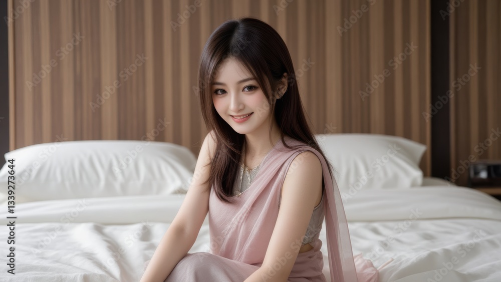 Elegant Asian Woman Relaxing on Bed in Hotel Room, Portrait of a Smiling Young Chinese Girl in Casual Dress Elegant Asian Woman Relaxing on Bed in Hotel Room, Portrait of a Smiling Young Chinese Girl in Casual Dress