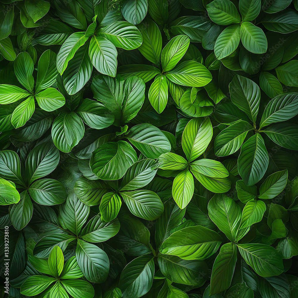 Top-down view of lush green palm leaves creating a natural pattern Top-down view of lush green palm leaves creating a natural pattern