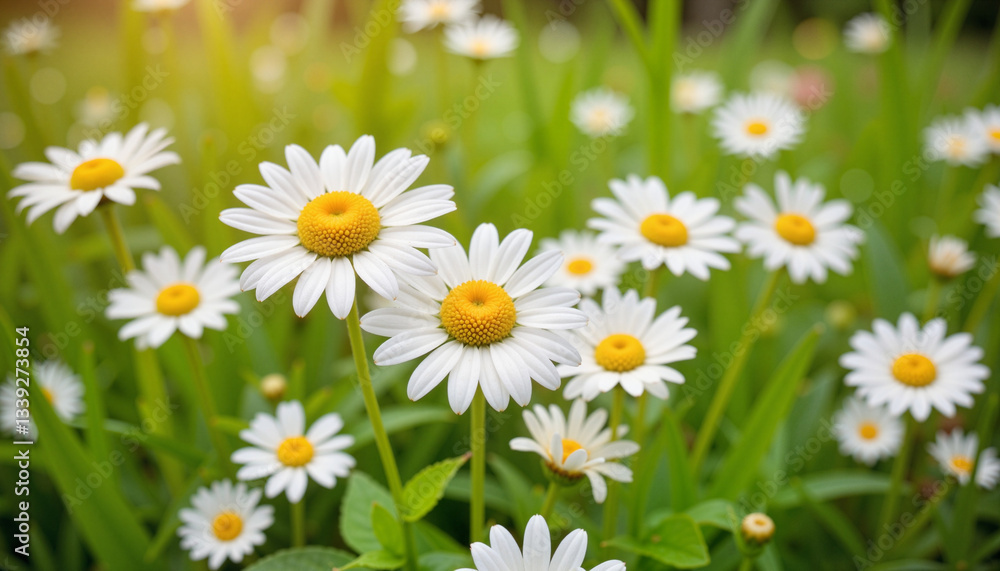 Dew-kissed daisies blooming in vibrant meadow, nature's freshness Dew-kissed daisies blooming in vibrant meadow, nature's freshness