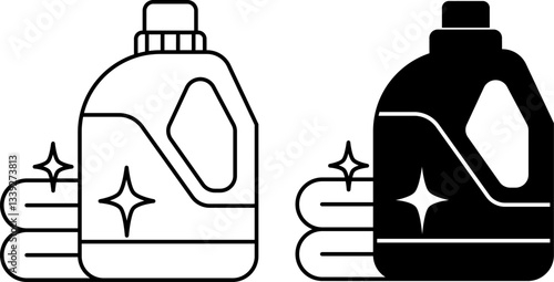 Detergent Icons. Black and White Vector Illustrations. Washing Powder and Towels. Plastic Container for Household Chemicals. Grocery Concept