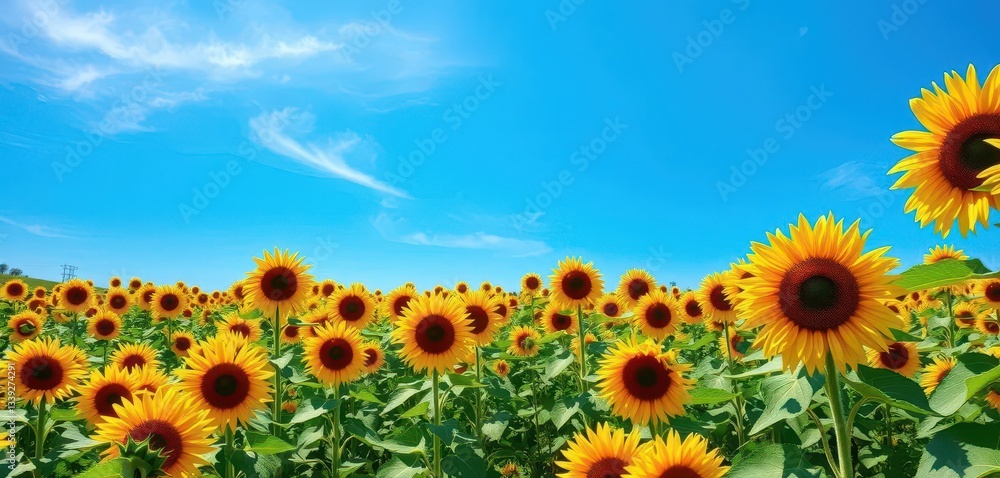 Fototapeta premium Vast sunflower field under a vibrant blue sky, flower, color