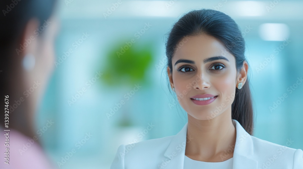 Fototapeta premium Female healthcare professional, focused expression, consultation setting, calm atmosphere, emphasizing medical support and care.