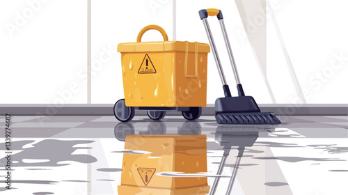 The image shows a yellow cleaning cart with a dustpan and broom handle resting next to it. The cart is on wheels and features a cautionary symbol.  The dustpan is dark gray or black. The floor is