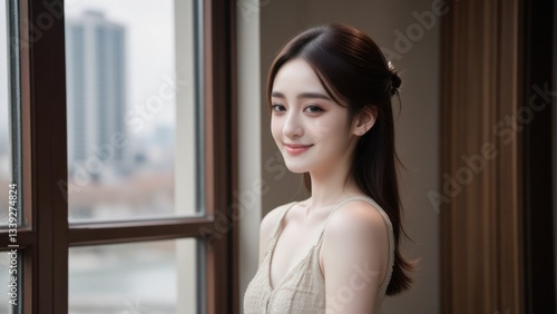 Elegant Asian Woman by Window with City View: Portrait of a Beautiful Young Lady Free Download Elegant Asian Woman by Window with City View: Portrait of a Beautiful Young Lady - GFXLoad