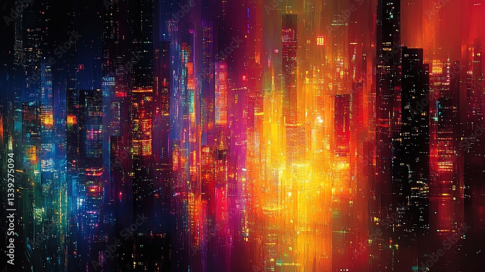 A vibrant, futuristic city nightscape with abstract glowing facades stretching skyward A vibrant, futuristic city nightscape with abstract glowing facades stretching skyward