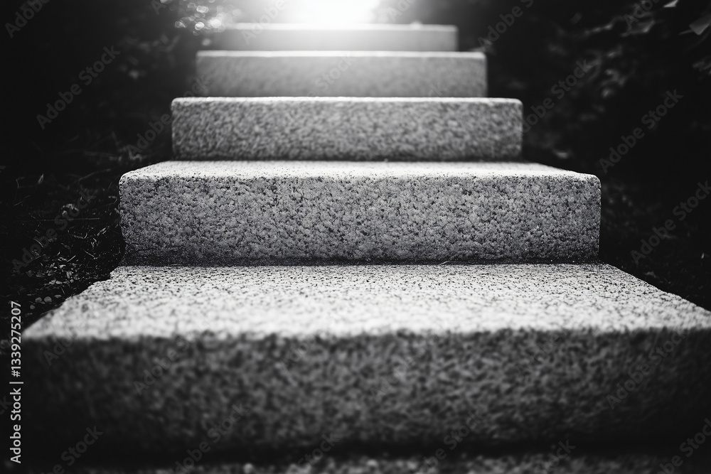 Ascending Steps to the Light: A striking black and white photograph depicts a series of stone steps leading upwards towards a bright, radiant light, evoking a sense of journey, aspiration. Ascending Steps to the Light: A striking black and white photograph depicts a series of stone steps leading upwards towards a bright, radiant light, evoking a sense of journey, aspiration.