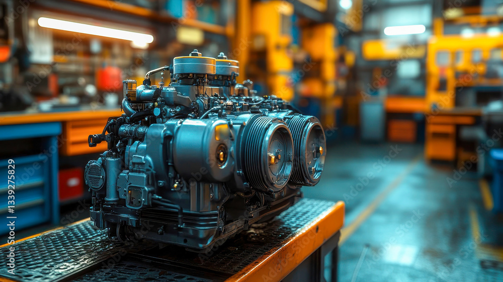 Diesel engine in a garage setting, highlighting complex mechanics and industrial engineering with a blue-toned aesthetic Diesel engine in a garage setting, highlighting complex mechanics and industrial engineering with a blue-toned aesthetic
