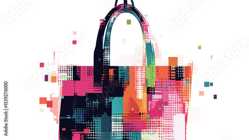 The image is a digital illustration of a tote bag depicted in an abstract style. The bag is rendered using a fragmented, pixelated effect with a multitude of vibrant, multicolored squares and