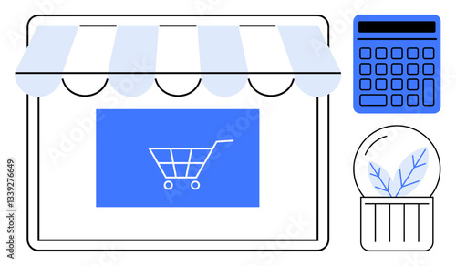 Shopfront with striped canopy, shopping cart icon, calculator, and potted plant. Ideal for ecommerce, retail, sales, budgeting marketing strategy modern business. Flat simple metaphor