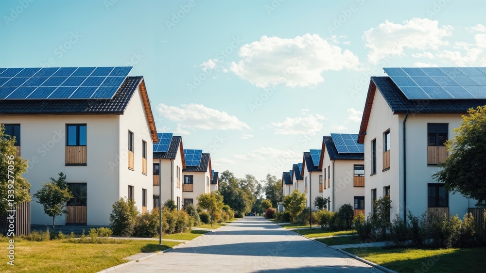 Modern Sustainable Neighborhood Featuring Energy-Efficient Homes with Solar Panels and Green Landscaping Modern Sustainable Neighborhood Featuring Energy-Efficient Homes with Solar Panels and Green Landscaping
