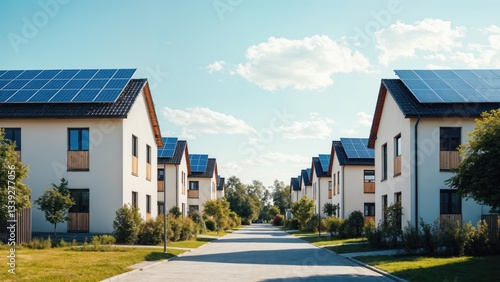 Modern Sustainable Neighborhood Featuring Energy-Efficient Homes with Solar Panels and Green Landscaping