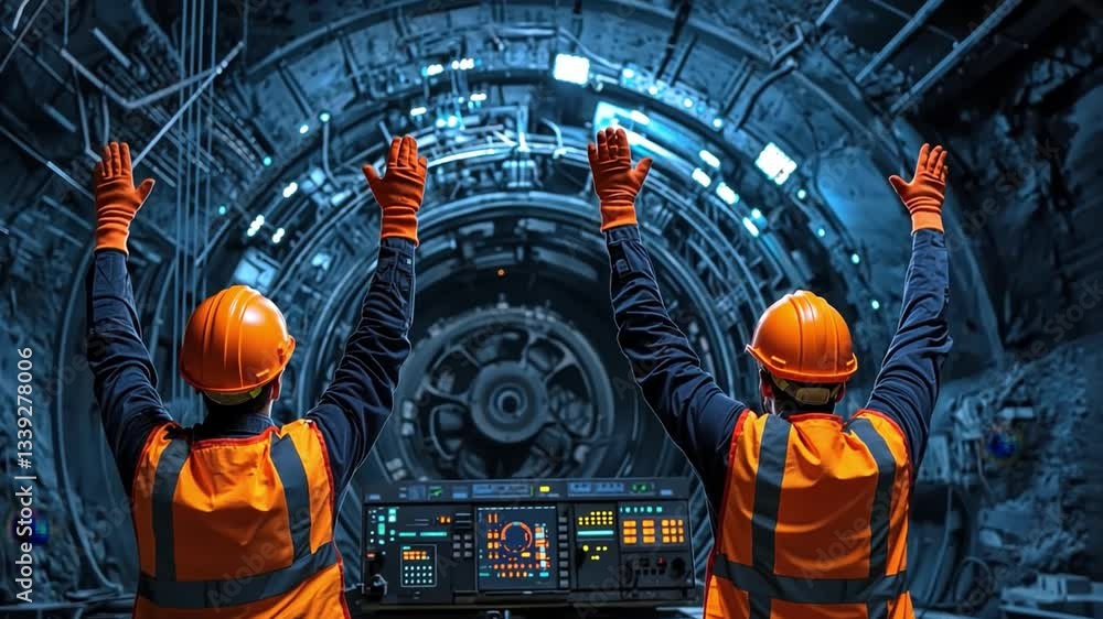 Workers celebrating success in a modern underground tunnel with advanced machinery and bright lighting, showcasing teamwork and safety in construction projects Workers celebrating success in a modern underground tunnel with advanced machinery and bright lighting, showcasing teamwork and safety in construction projects