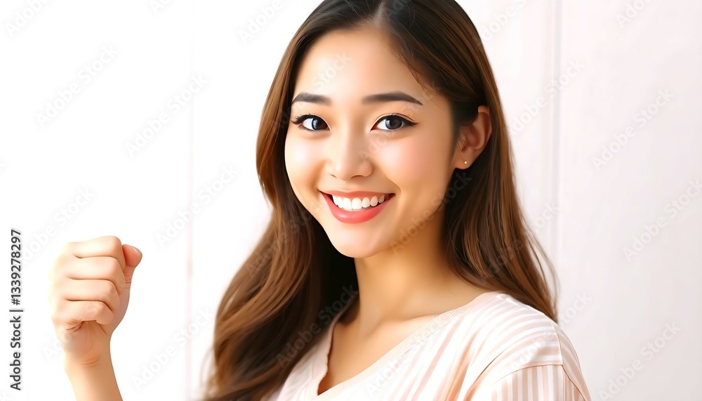A Radiant Young Woman With A Confident Smile And A Clenched Fist, Celebrating Achievement And Success Against A Bright, Clean Backdrop A Radiant Young Woman With A Confident Smile And A Clenched Fist, Celebrating Achievement And Success Against A Bright, Clean Backdrop