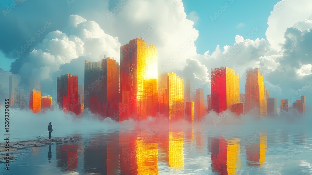 Fototapeta premium A surreal abstract city with floating facades that shift and change in the sunlight 
