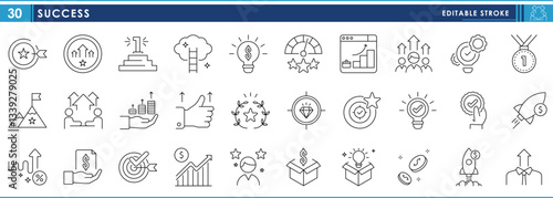 A set of line icons related to success. Win, innovate, startup, business, growth, medal, money, prize, goal, surprise, and so on. Vector editable stroke.