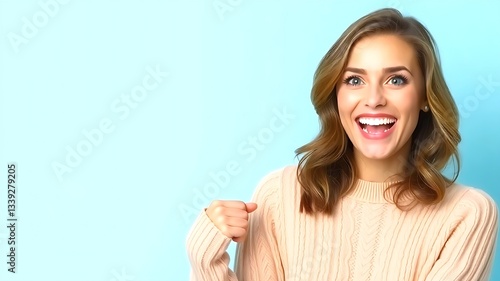 Wallpaper Mural A Radiantly Happy Woman In A Soft Beige Sweater Against A Pastel Blue Backdrop, Expressing Pure Joy And Excitement With A Bright, Genuine Smile Torontodigital.ca