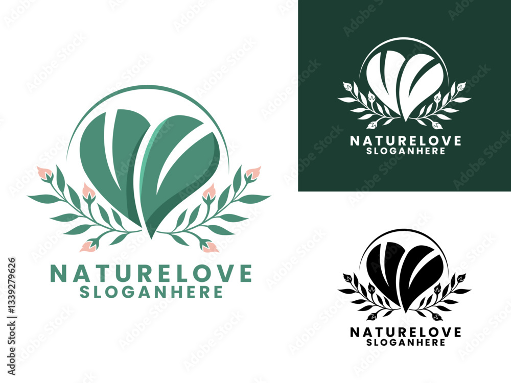 Heart love with plant logo design vector. Nature love logo template. Heart with leaf and floral logo design icon Heart love with plant logo design vector. Nature love logo template. Heart with leaf and floral logo design icon