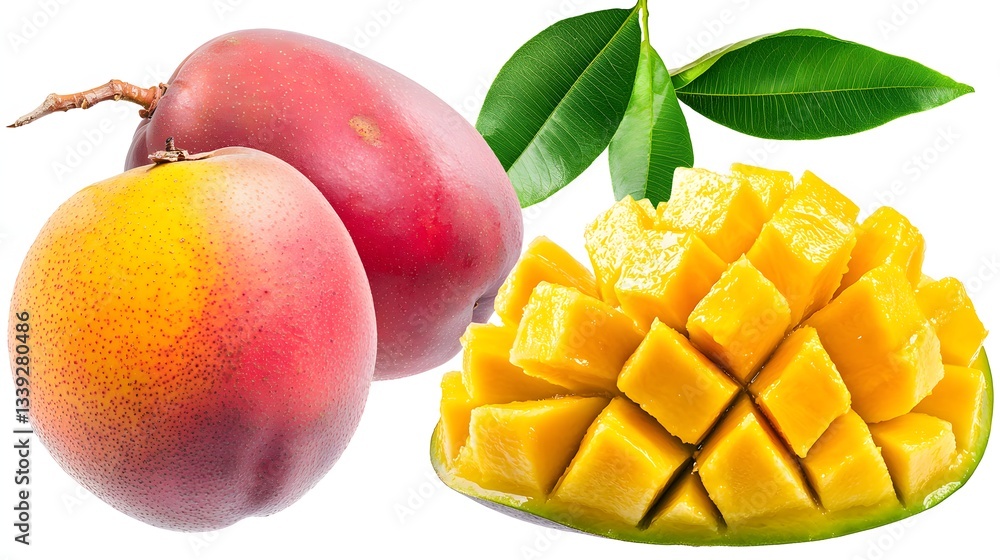 Fresh Ripe Mango and Juicy Peach with Vibrant Colors and Lush Green Leaves Fresh Ripe Mango and Juicy Peach with Vibrant Colors and Lush Green Leaves