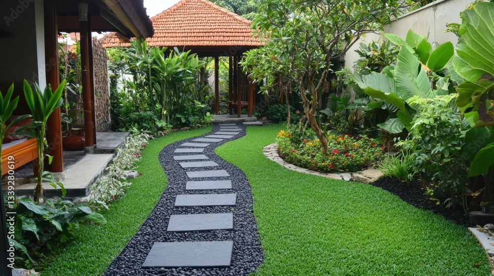 Stone path winds through lush green garden. Stone path winds through lush green garden.