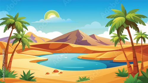 Oasis Landscape Desert Scene with Palm Trees and Mountains A picturesque view of a tranquil oasis