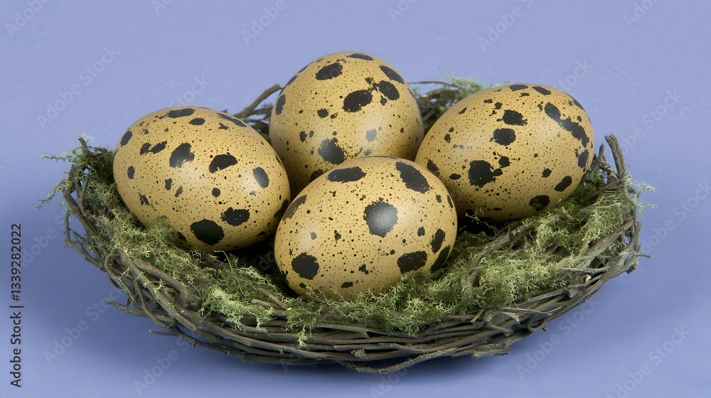 Collection of Quail Eggs Nestled in a Natural Nest on a Soft Blue Background Collection of Quail Eggs Nestled in a Natural Nest on a Soft Blue Background