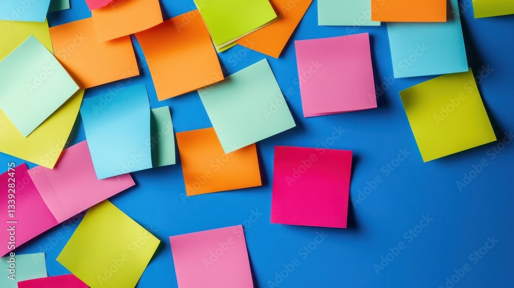 Colorful Sticky Notes Scattered on Blue Background: A Vibrant Display of Organization and Creativity Colorful Sticky Notes Scattered on Blue Background: A Vibrant Display of Organization and Creativity